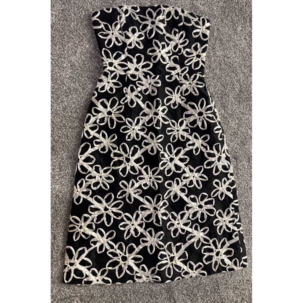 Tibi Strapless Silk Floral Applique Dress 2 Black White Cocktail A-Line Ribbon